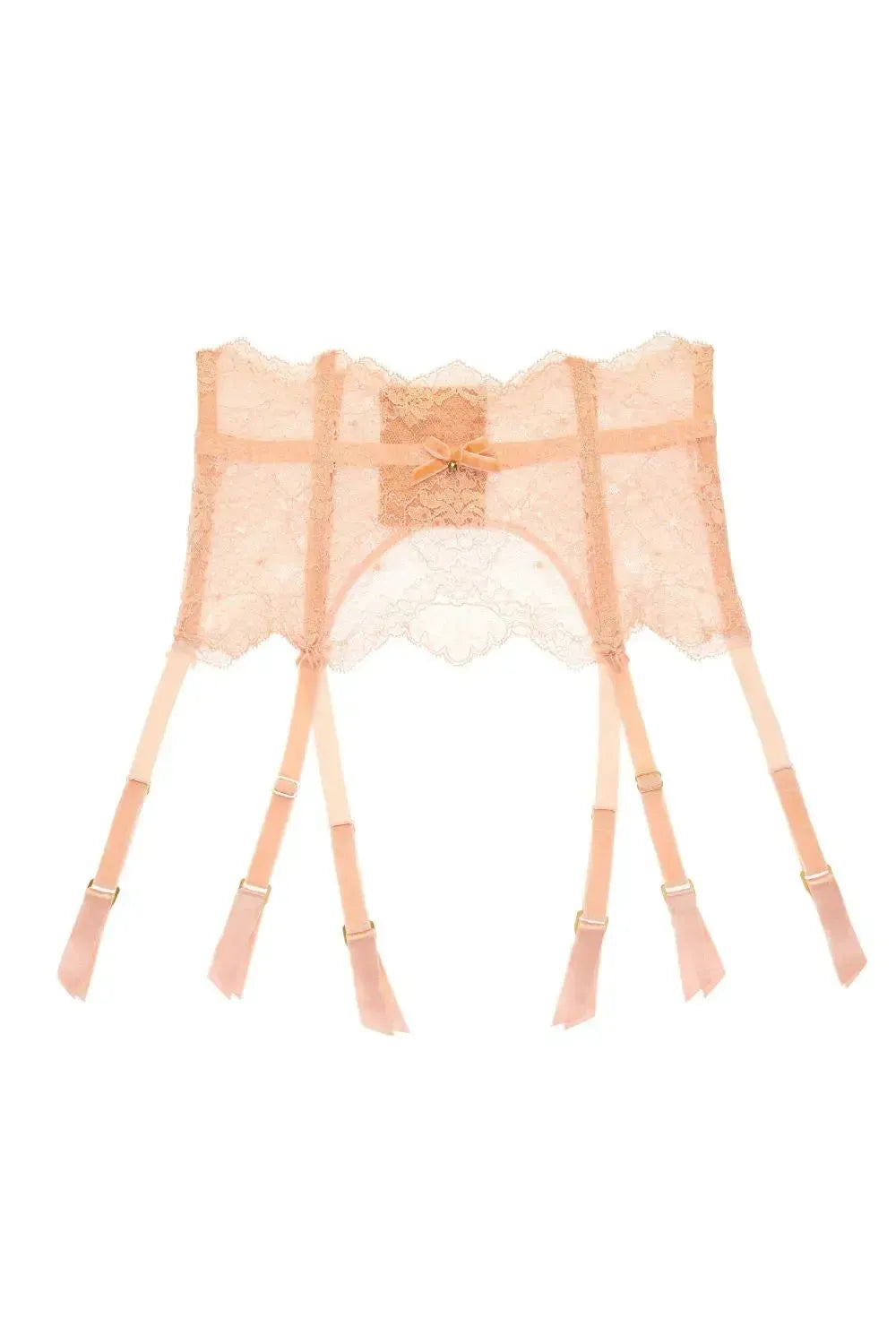 Vintage Peach Lurex Lace High Waisted Suspender Belt with velvet trim and crystal detail.