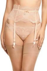 Vintage Peach Lurex Lace high-waisted suspender belt with velvet trim, crystal detail, and adjustable garter straps.