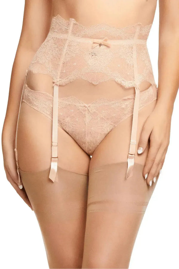 Vintage Peach Lurex Lace high-waisted suspender belt with velvet trim, crystal detail, and adjustable garter straps.