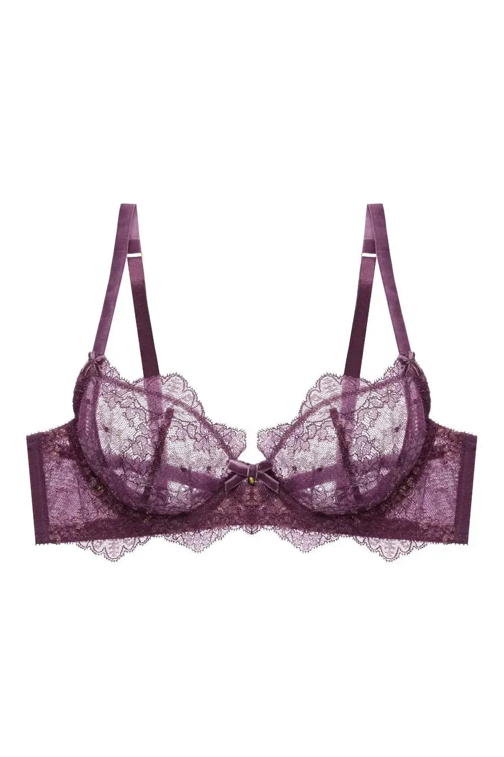 Exquisite Dita Von Teese Lurex Lace Unlined Bra in Amethyst with velvet trim and crystal detail.