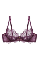Exquisite Dita Von Teese Lurex Lace Unlined Bra in Amethyst with velvet trim and crystal detail.