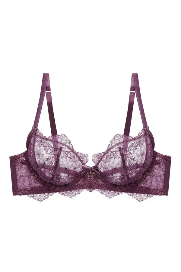 Exquisite Dita Von Teese Lurex Lace Unlined Bra in Amethyst with velvet trim and crystal detail.
