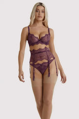 Exquisite Dita Von Teese Lurex Lace Unlined Bra in Amethyst with matching lingerie set and stockings.