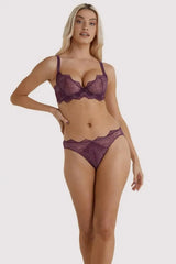 Exquisite Dita Von Teese Lurex Lace Unlined Bra & Panty set in Amethyst, featuring shimmering Leavers lace and velvet trim.