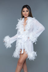 BeWicked Lux Robe Sheer White Feather Trim