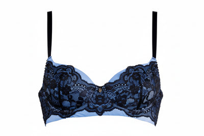 Luxurious Mademoiselle Balconette Bra Skyfall with gorgeous black lace overlaying sky blue cups.