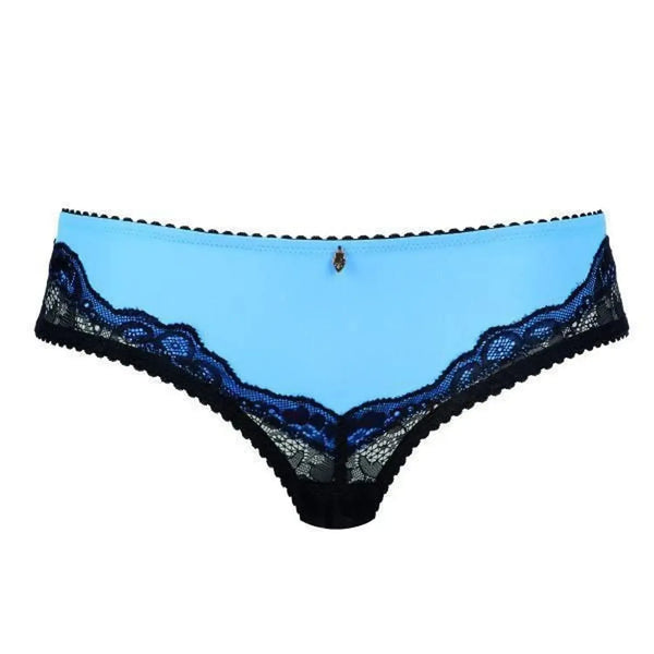 Luxurious Skyfall lace bikini panty in vibrant blue with delicate black lace trim and tiny gold charm.