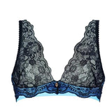 Luxurious Mademoiselle Lace Triangle Bra Skyfall, featuring black floral lace over blue, wirefree comfort.
