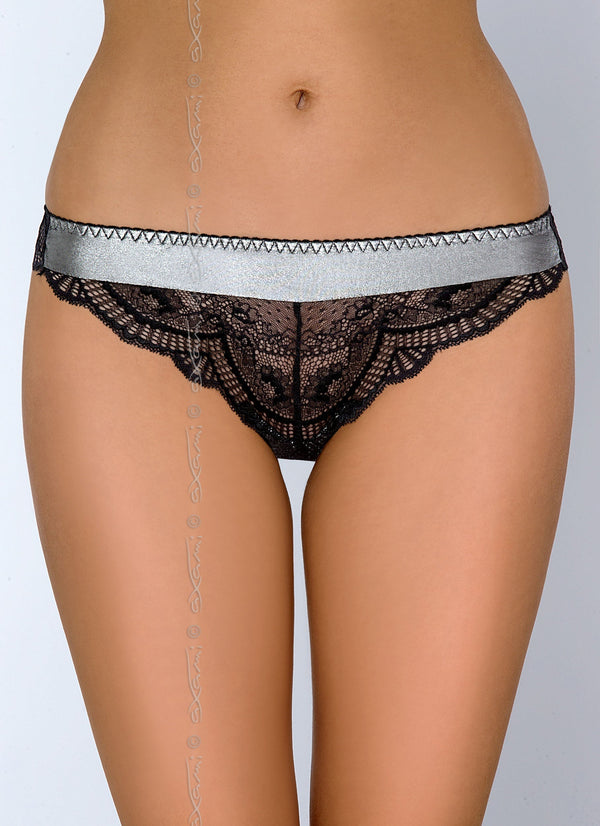 Axami Magnetism Brazilian Panty: silver band, black scalloped lace, seductive styling.