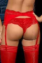 Sensual Axami Maisa red lace garter belt and thong set, emphasizing hips with adjustable straps.