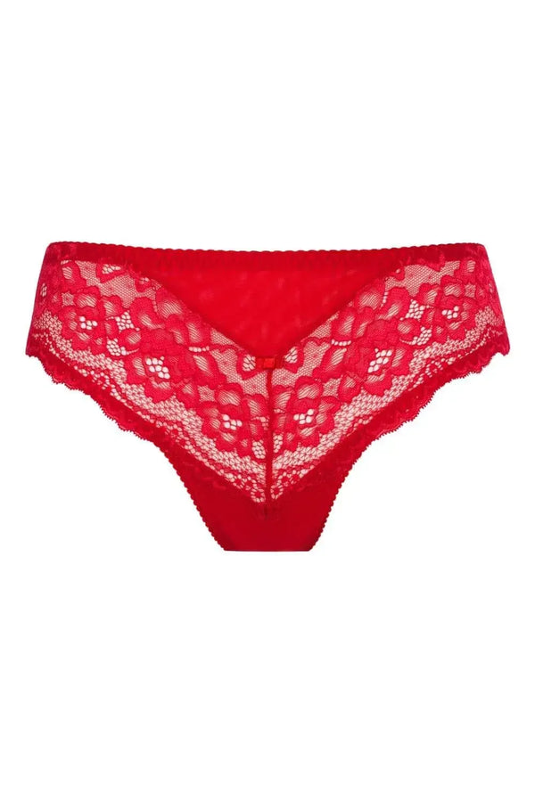 Red Maisa Lace Bikini Briefs with delicate lace, triangular tulle, and keyhole back with bow.