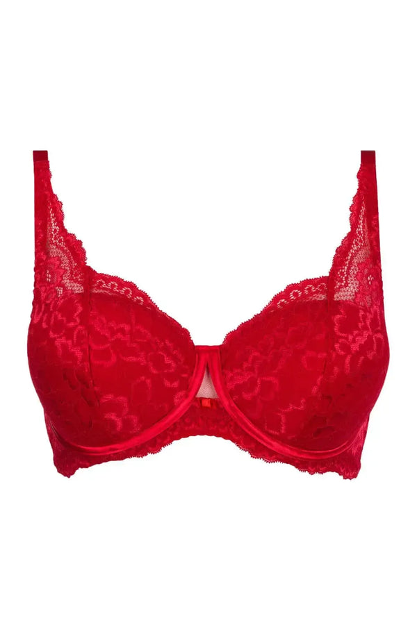 Stunning Axami Maisa Lace Push-up Bra in sumptuous red lace with wider shoulder straps.