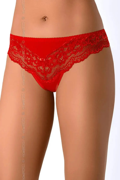 Seductive red lace thong with delicate floral details and a keyhole back, crafted for elegant sophistication.