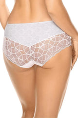 Malva Hipster Panty: Delicate white shorts with subtle gray pattern and white lace trim.