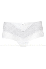 Delicate white Malva Hipster Panty with subtle gray pattern and white lace trim, featuring a comfortable cotton crotch.