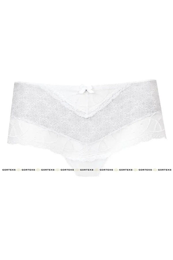Delicate white Malva Hipster Panty with subtle gray pattern and white lace trim, featuring a comfortable cotton crotch.