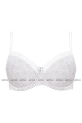Malva push-up bra in white/gray with subtle pattern, white lace trim, and satin bow.