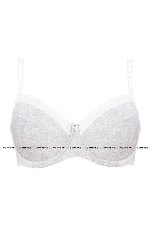 Malva push-up bra in white/gray with subtle pattern, white lace trim, and satin bow.