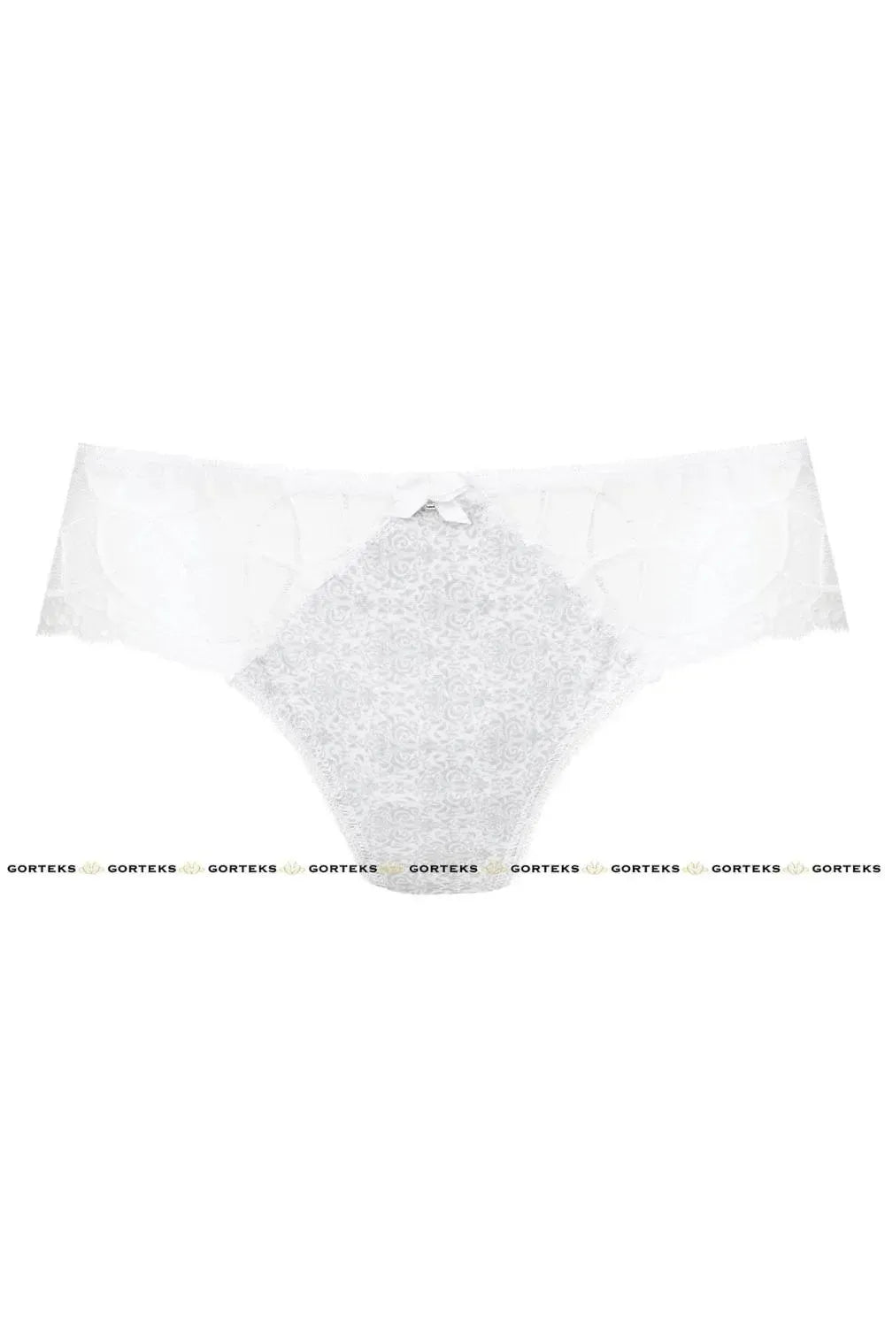 Delicate Malva thong in white with subtle gray pattern, white lace trim, and breathable cotton crotch.
