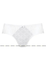 Delicate Malva thong in white with subtle gray pattern, white lace trim, and breathable cotton crotch.