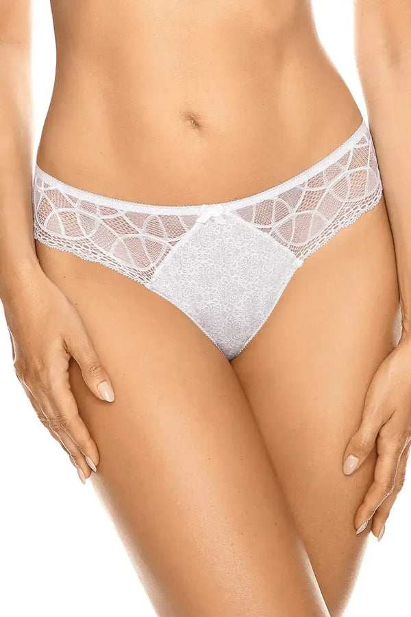 Delicate white Malva thong with subtle gray pattern, finished with white lace.
