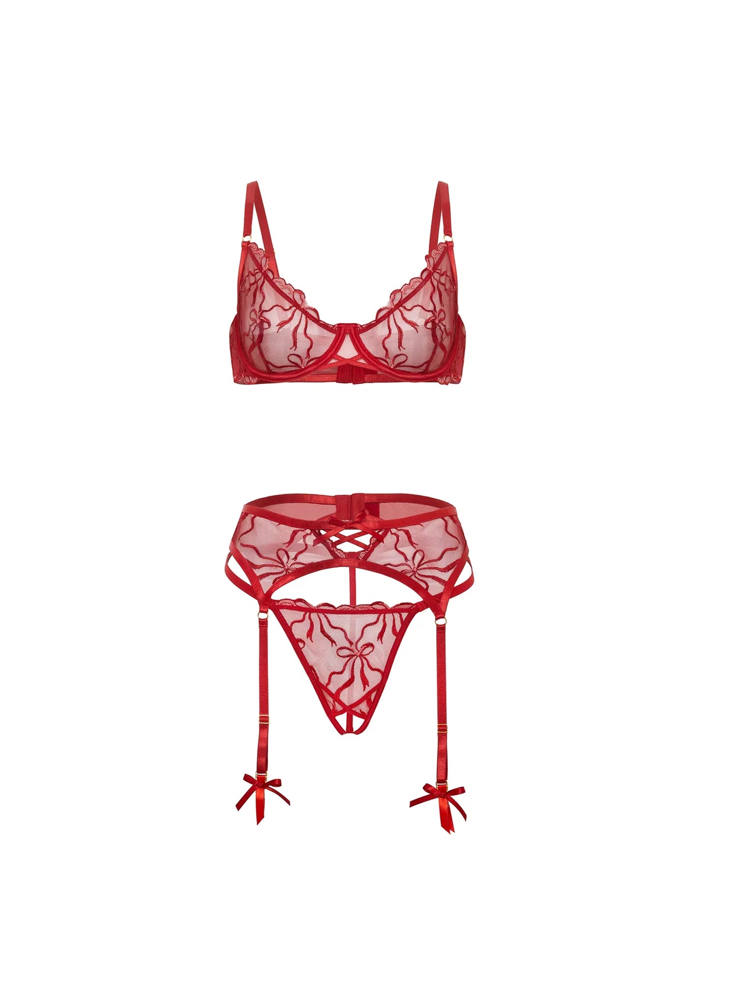 Oh la la Cheri Mariah Sheer Gartered Bra Set Red Bows