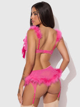 House of Desire Marilyn Marabou & Mesh Gartered Openable Bra Set Pink Dragon