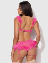 House of Desire Marilyn Marabou & Mesh Gartered Openable Bra Set Pink Dragon