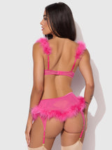 House of Desire Queen Marilyn Marabou & Mesh Gartered Openable Bra Set Pink Dragon