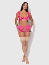 House of Desire Marilyn Marabou & Mesh Gartered Openable Bra Set Pink Dragon