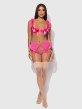 House of Desire Marilyn Marabou & Mesh Gartered Openable Bra Set Pink Dragon
