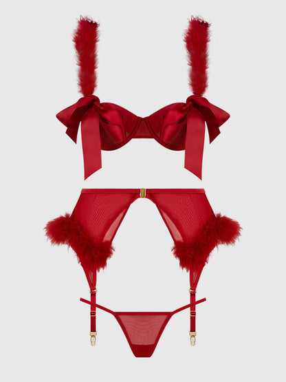 House of Desire Marilyn Marabou & Mesh Openable Cups Bra Set Crimson Red