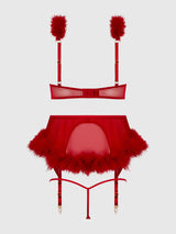 Marilyn Marabou & Mesh Openable Cups Bra Set Crimson Red