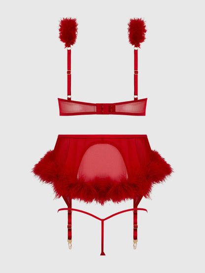 House of Desire Marilyn Marabou & Mesh Openable Cups Bra Set Crimson Red