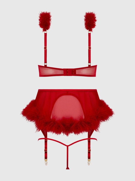 House of Desire Marilyn Marabou & Mesh Openable Cups Bra Set Crimson Red