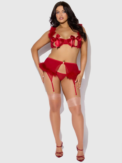 House of Desire Marilyn Marabou & Mesh Openable Cups Bra Set Crimson Red