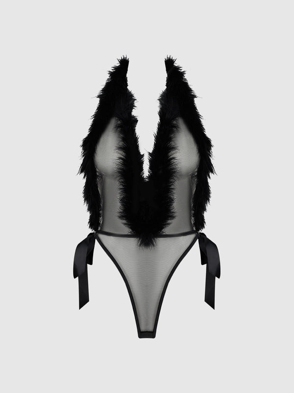 House of Desire Marilyn Marabou & Mesh Plunge Teddy Black