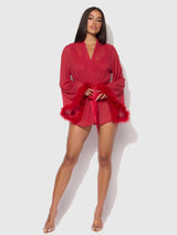House of Desire Marilyn Mesh & Feathers Short Robe Crimson Red