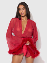 House of Desire Marilyn Mesh & Feathers Short Robe Crimson Red