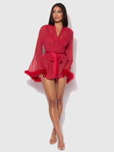 House of Desire Marilyn Mesh & Feathers Short Robe Crimson Red