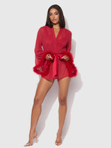 House of Desire Marilyn Mesh & Feathers Short Robe Crimson Red