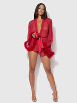 House of Desire Marilyn Mesh & Feathers Short Robe Crimson Red