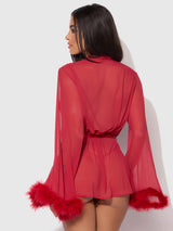 House of Desire Marilyn Mesh & Feathers Short Robe Crimson Red