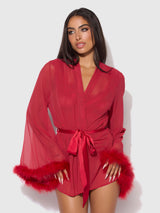 House of Desire Marilyn Mesh & Feathers Short Robe Crimson Red