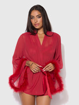 House of Desire Marilyn Mesh & Feathers Short Robe Crimson Red