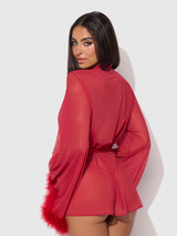 House of Desire Marilyn Mesh & Feathers Short Robe Crimson Red