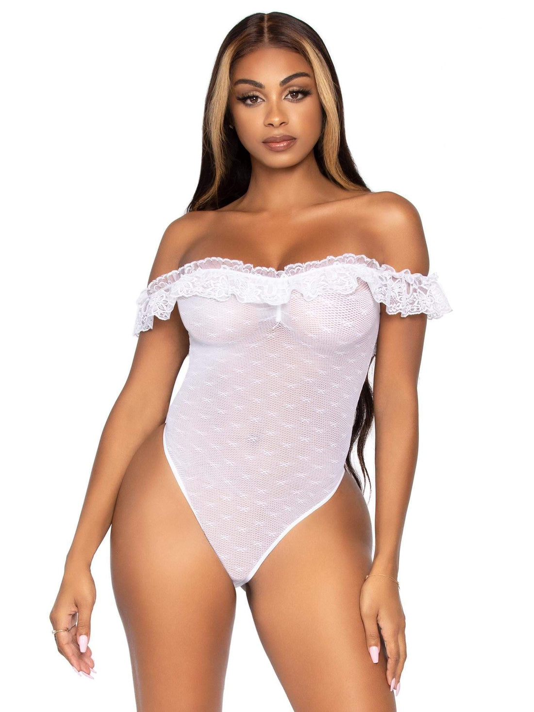 "Lace Ruffle Snap Crotch Teddy - One Size - White LA-89269"