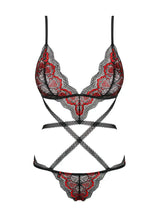Seductive Megies Heart Lace Teddy in black and red, featuring a unique bra shape, geometric straps, and an uncovered back.