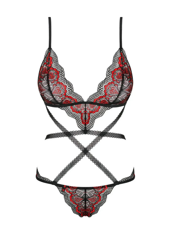 Seductive Megies Heart Lace Teddy in black and red, featuring a unique bra shape, geometric straps, and an uncovered back.