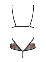 Seductive black lace teddy with red heart lace, geometric straps, and triangle bra cups.